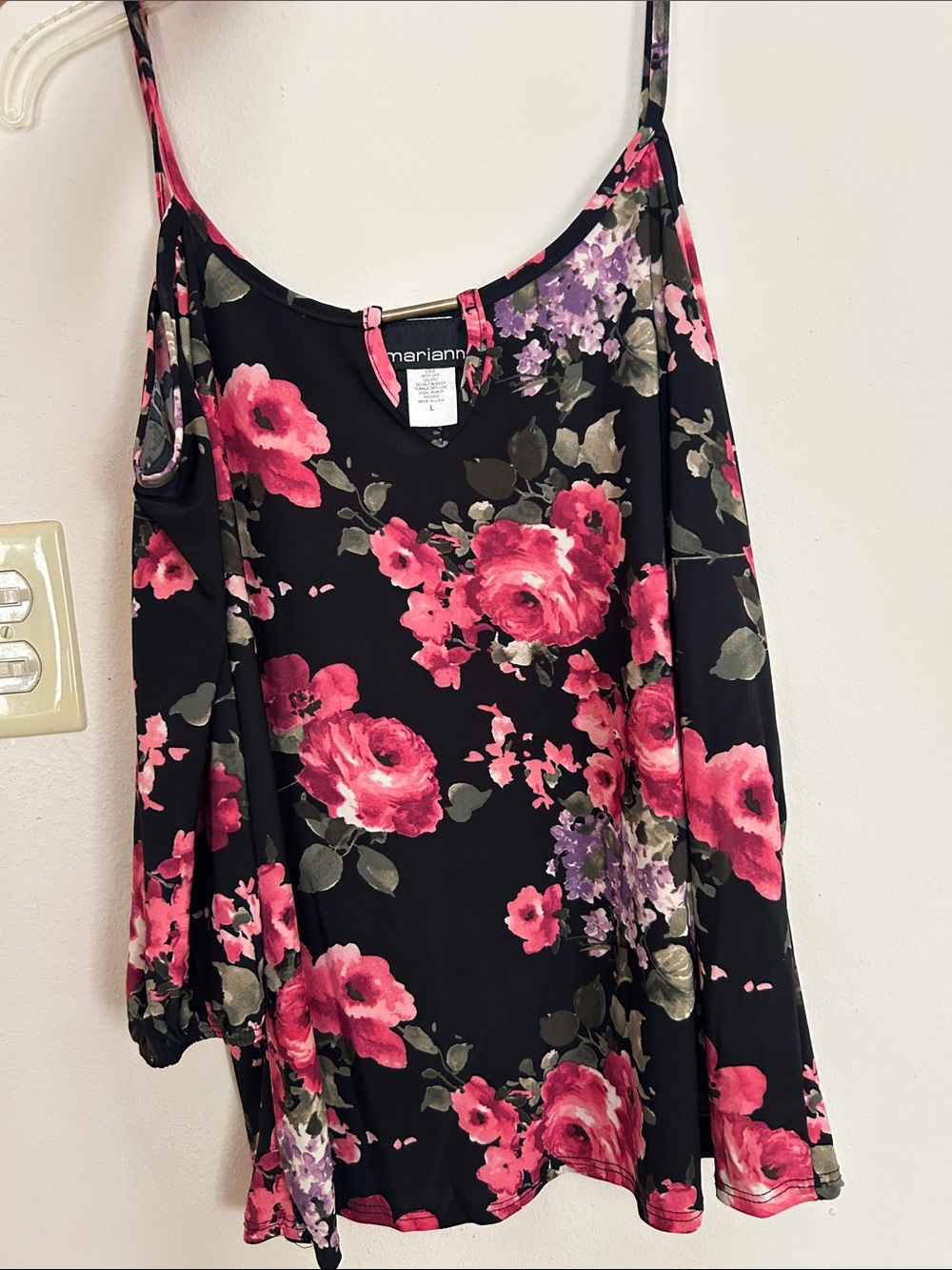 Mariann Black Floral Cold-Shoulder Tunic Top in Pink Rose Print